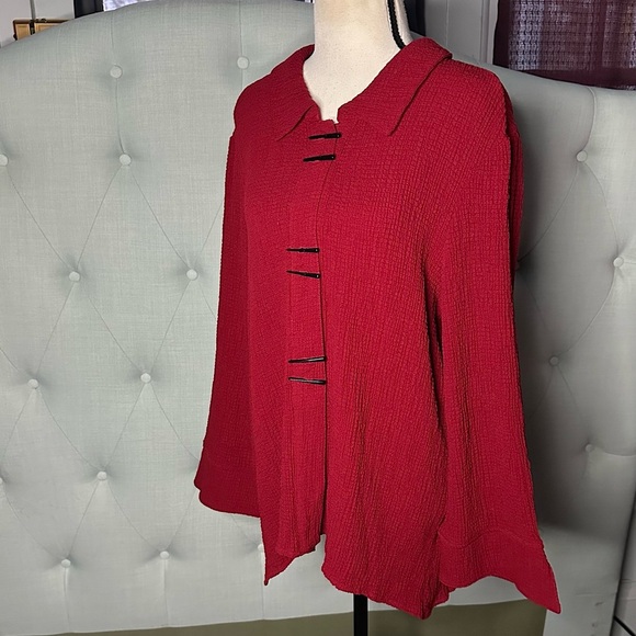 3/$20 💥 Indigo Moon Red Tunic Top Lagenlook Bell Sleeve Button Front Collared - Picture 5 of 16